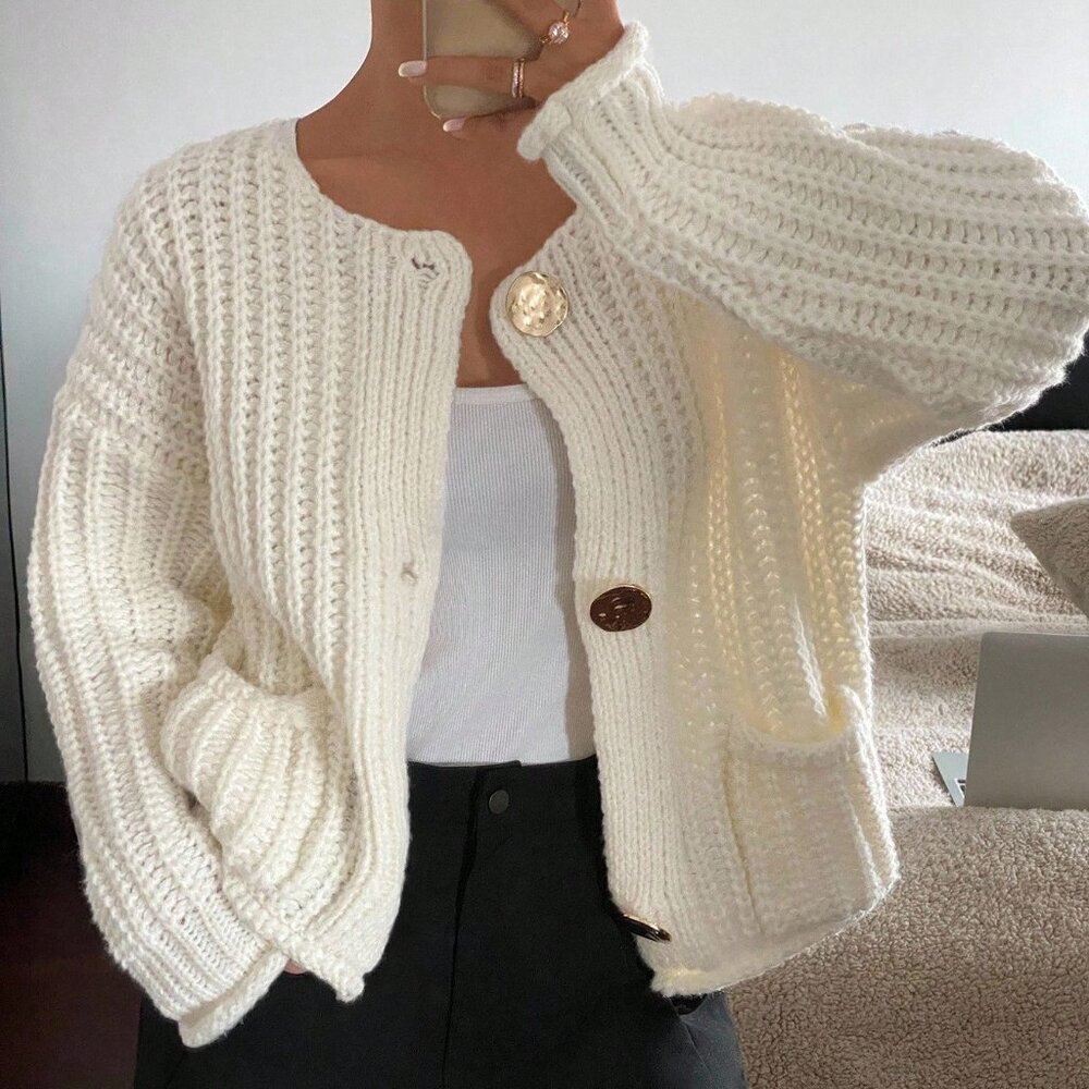 Apricot Casual Women's Texture Cardigan with Front Buttons and Pockets
